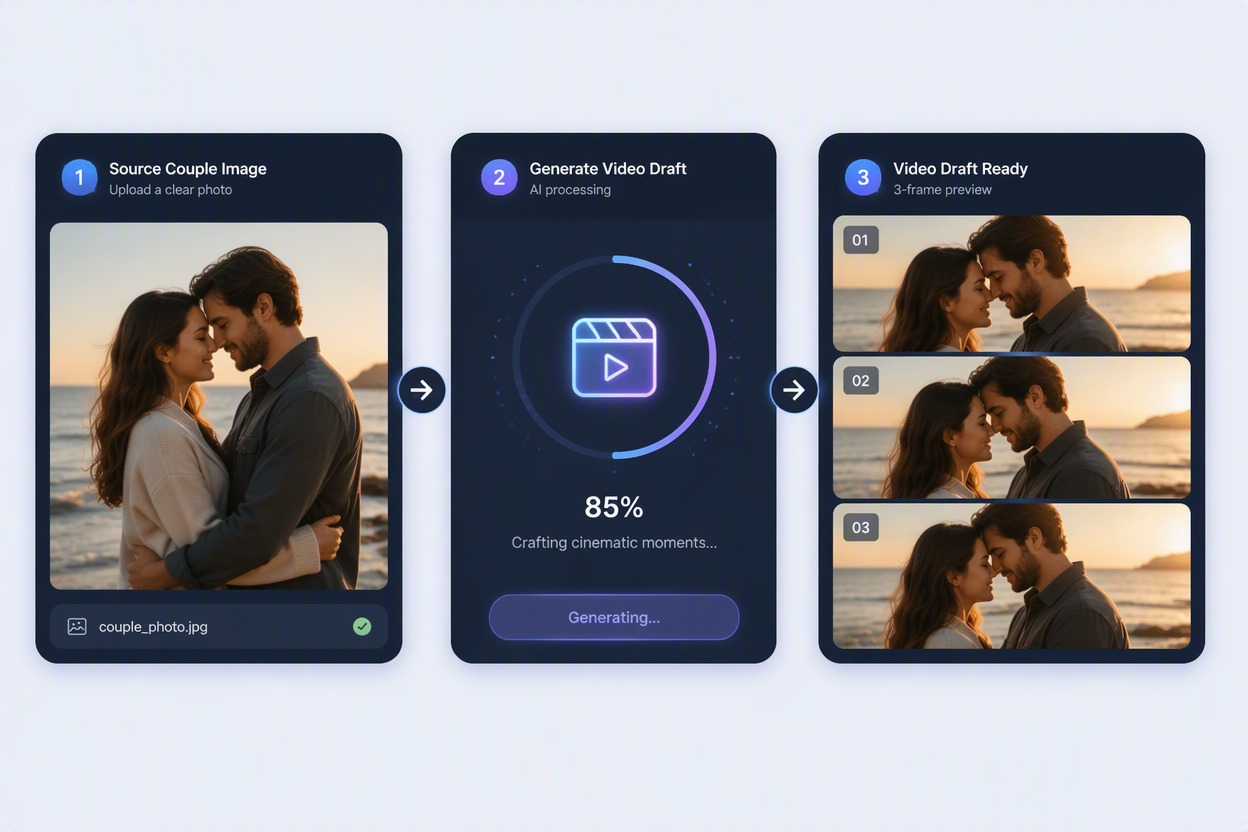 Feature continuity storyboard with the same fictional couple in a cream cardigan and muted rose overshirt through eye contact, gentle forehead kiss and shared smile, stable faces, hair, shoulders, hands and studio.