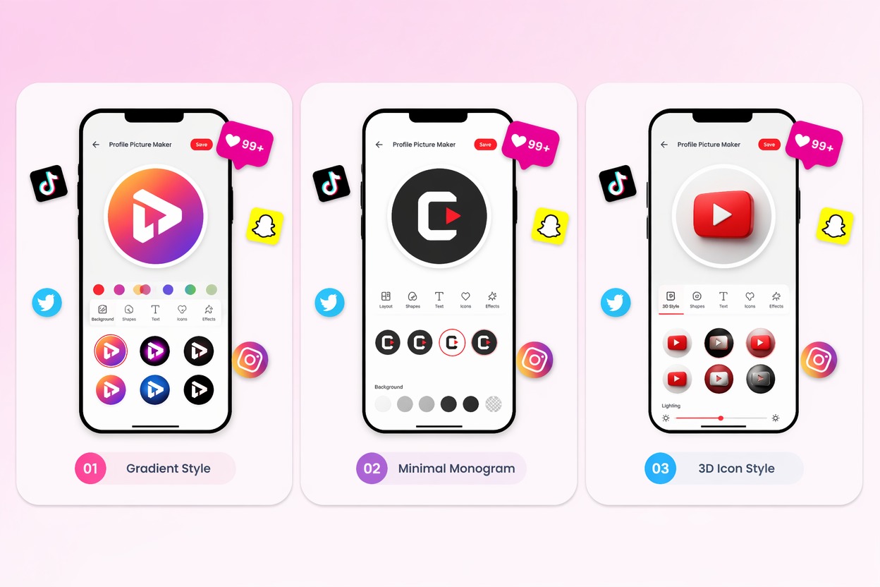 Creator channel icon design workspace with circular avatar previews