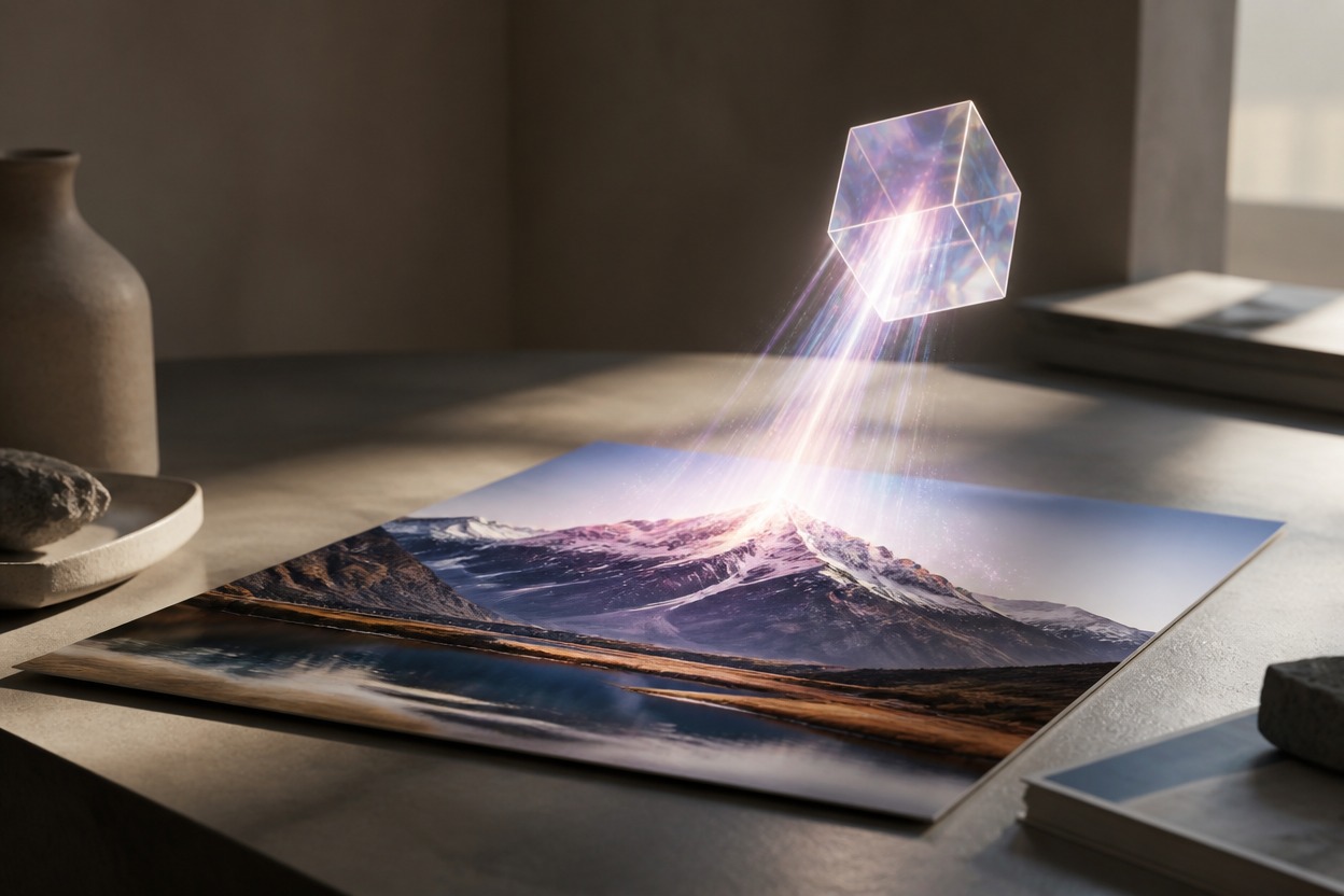 Single coherent studio still life representing prompt-guided image editing