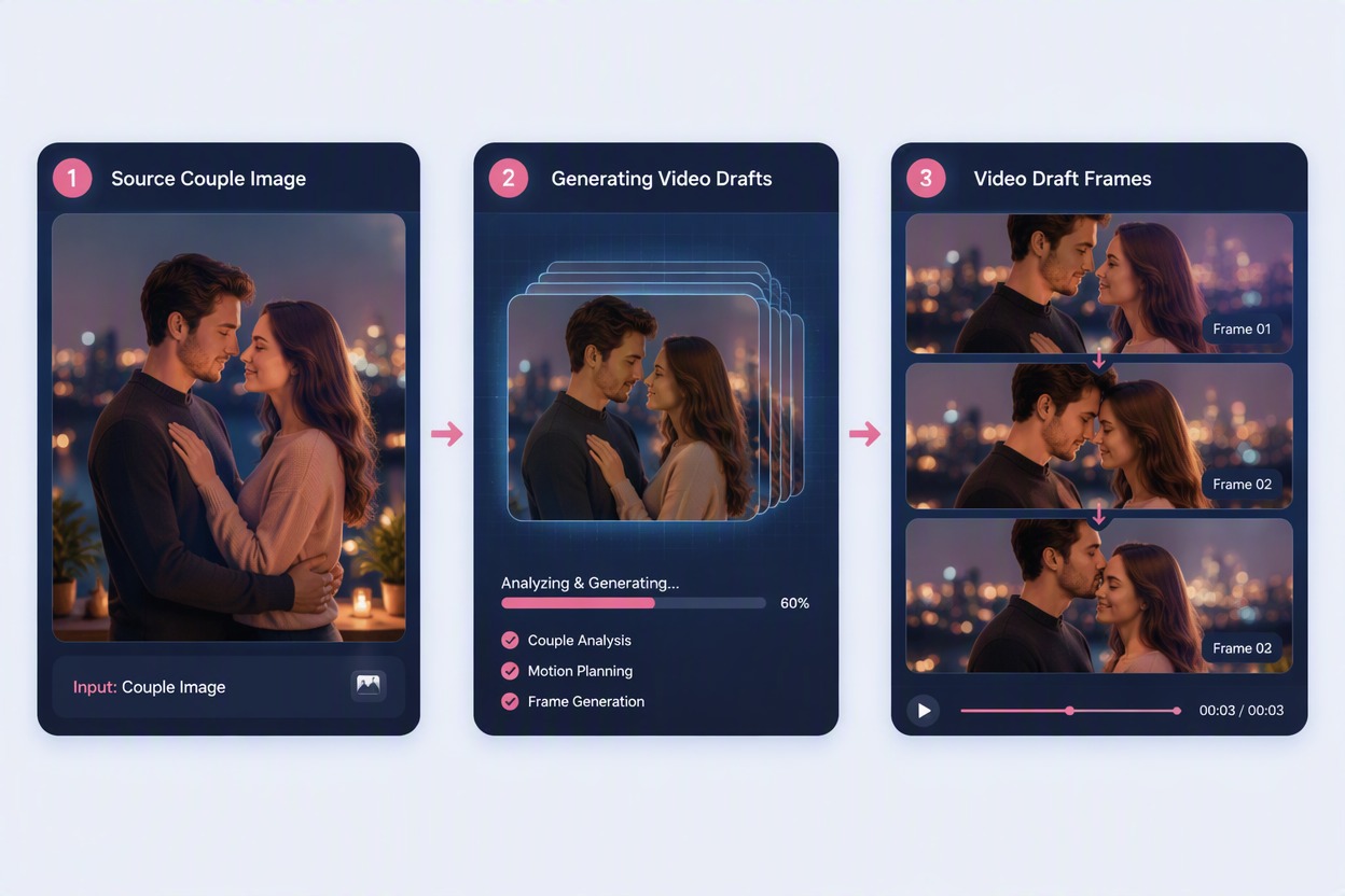 Feature cinematic storyboard based on Scene Input Evening reunion: an original fictional couple in warm coats under soft station lights, three romantic frames, no real location logo or readable signs.