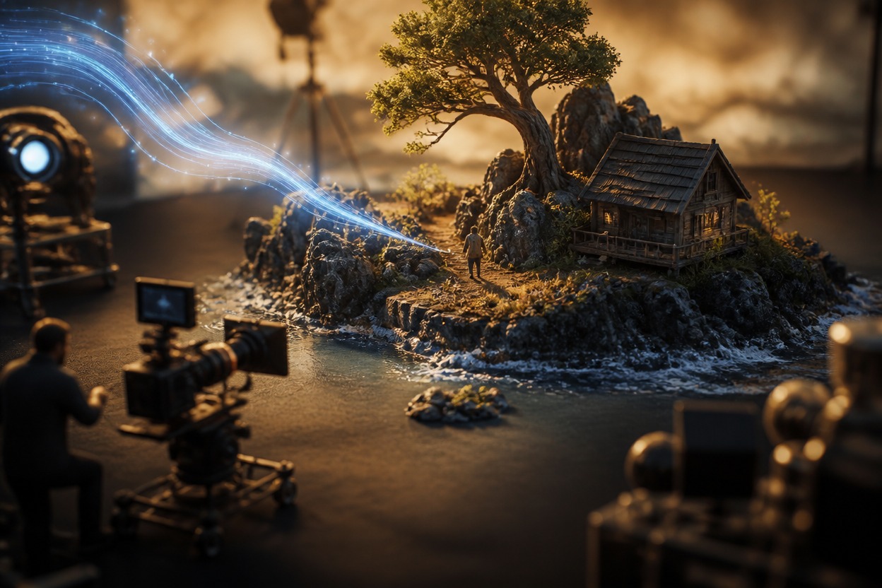 Practical miniature film set representing prompt-to-video generation