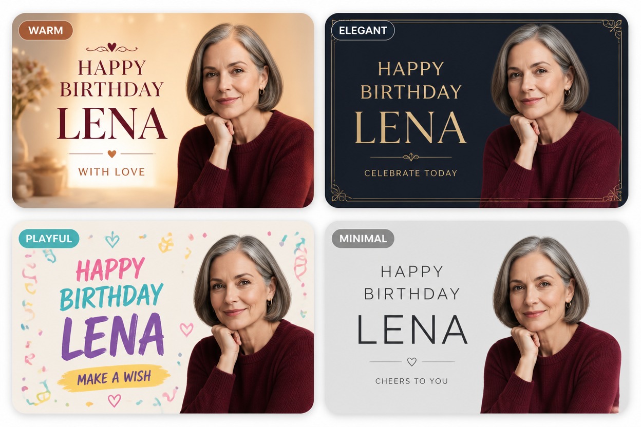 Birthday message style board showing warm, elegant, playful, and minimal greeting treatments.