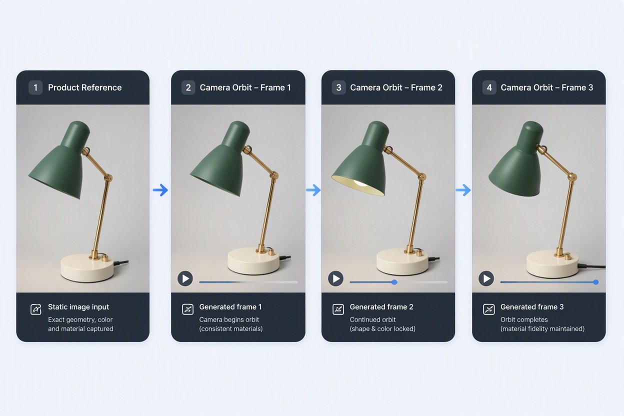 Feature-Workflow für Produkt-Referenzen mit markenloser, mattgrüner Schreibtischlampe, Messingstange und kreisförmigem cremefarbenem Sockel; drei Bewegungs-Frames zeigen eine langsame Kameraumrundung mit sichtbarer Lampe, Material und Hintergrund. Kein Text, keine Werbeaussagen oder Logos.